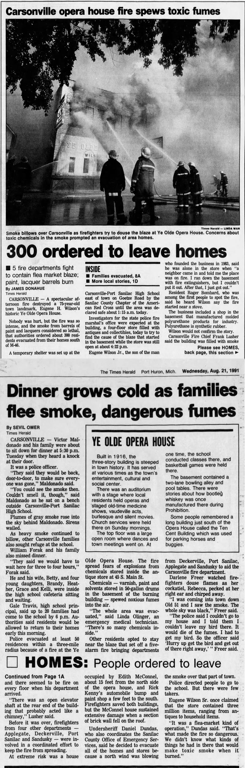 Carsonville Opera House - August 1991 Article On Fire